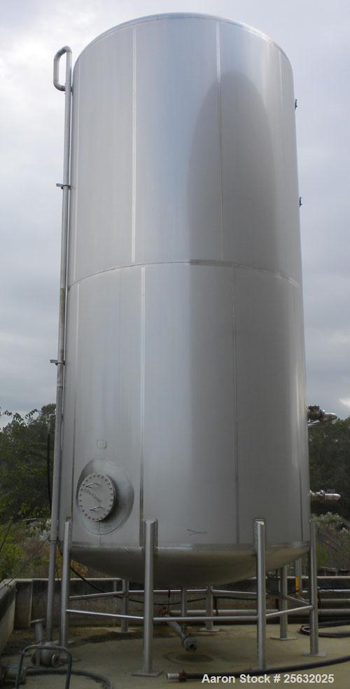 Used Walker Storage Tank, Model SS, 21,000 gallon, 304L stainless steel, vertical. Approximate 12' diameter x 24' straight side, dish top and bottom. Top openings include an 18" manway with bolt-on c...