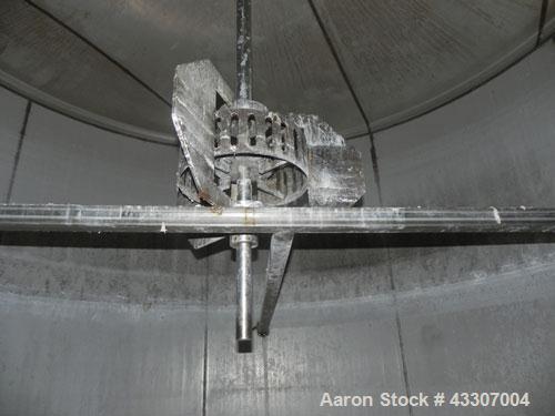 Used Walker Stainless Tank, 8500 Gallon, 304 Stainless Steel, Vertical. Approximate 132” diameter x 144” straight side, coned top, flat bottom. Top entering disperser, approximate 1-1/2” diameter x 8...