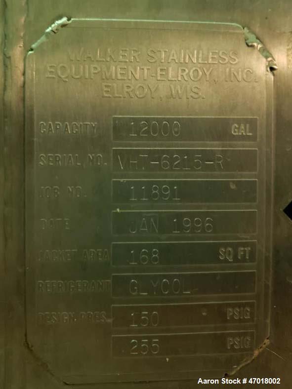 Used Walker 12,000 Gallon Jacketed Agitated Stainless Steel Tank.