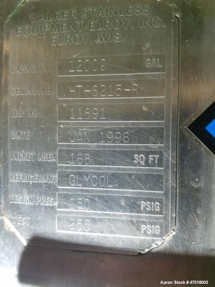 Used Walker 12,000 Gallon Jacketed Agitated Stainless Steel Tank.