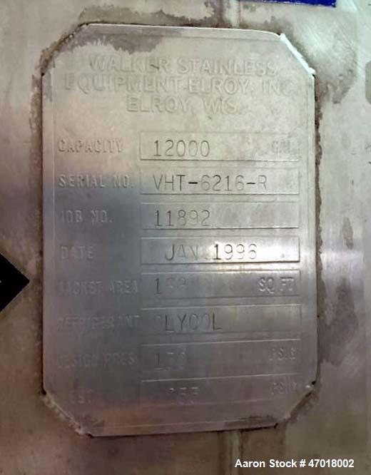 Used Walker 12,000 Gallon Jacketed Agitated Stainless Steel Tank.