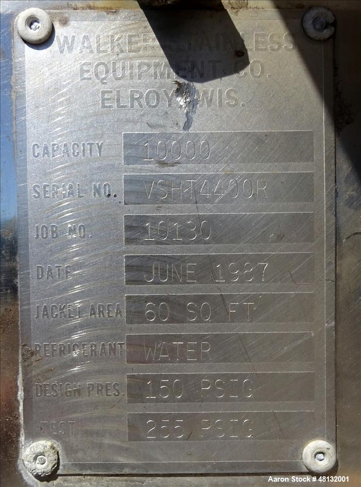 Used Walker Stainless Equipment, 10,000 Gallon Vertical Tank.