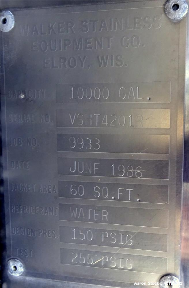 Used Walker Stainless Equipment Jacketed Tank, 10,000 Gallon