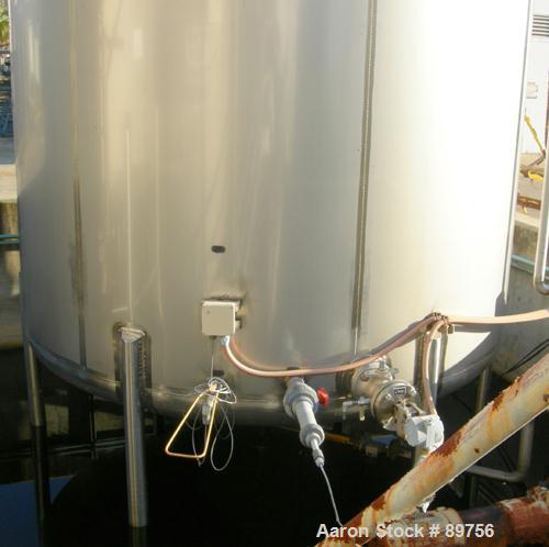 USED: Walker 5,000 gallon, type 304L stainless steel, storage tank. Vertical, dished heads. Approximate 8' diameter x 12' straight side. Misc top and side flanged openings. Bottom has a 2" center out...