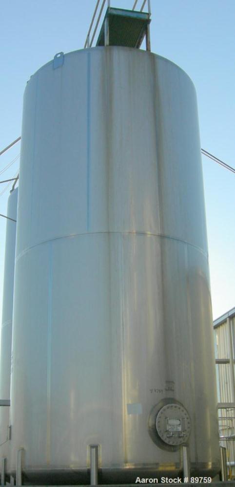 USED: Walker 21,000 gallon, type 304L stainless steel, storage tank. Vertical, dished heads, approximate 12' diameter x 24' straight side. Top openings include an 18" manway with bolt-on cover, 2" fl...
