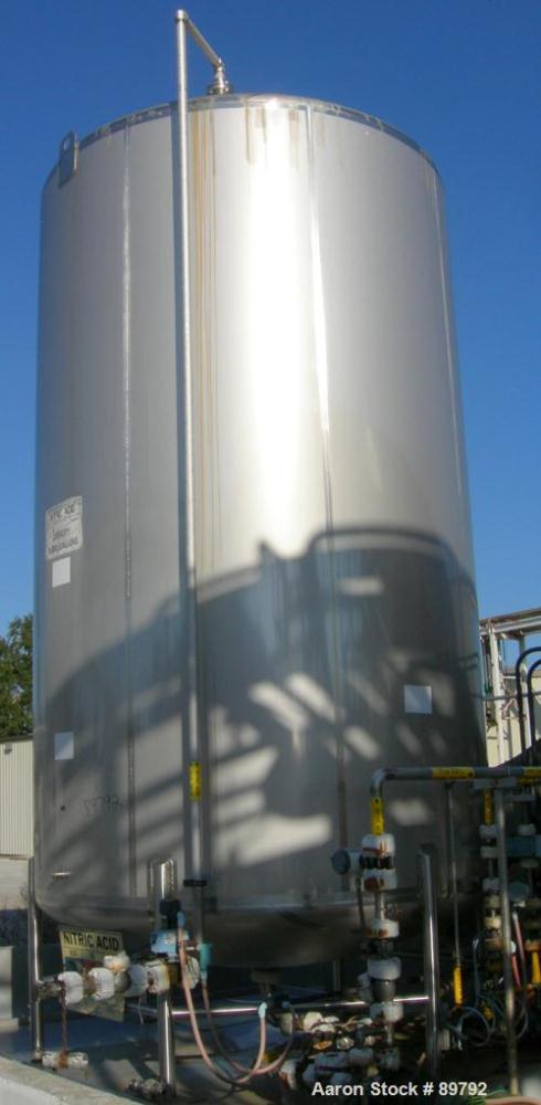USED: Walker 10,000 gallon, type 316L stainless steel, storage tank. Vertical, dished heads. Approximate 9'6" diameter x 16' straight side. Misc top and side flanged openings. Side openings include a...