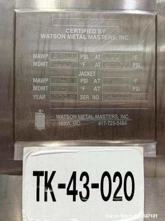 10,000-Gallon Watson Metal Masters Stainless Steel Mixing Tank with Agitator | Insulated Beverage Blending Vessel