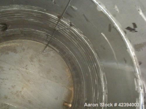 Used Wolfe Mechanical and Equipment Tank, 14,000 gallon, 304L stainless steel, vertical. Approximately 144" diameter x 192" straight side, dished top, sloped bottom. Internal rated 5 psi at 150 deg F...