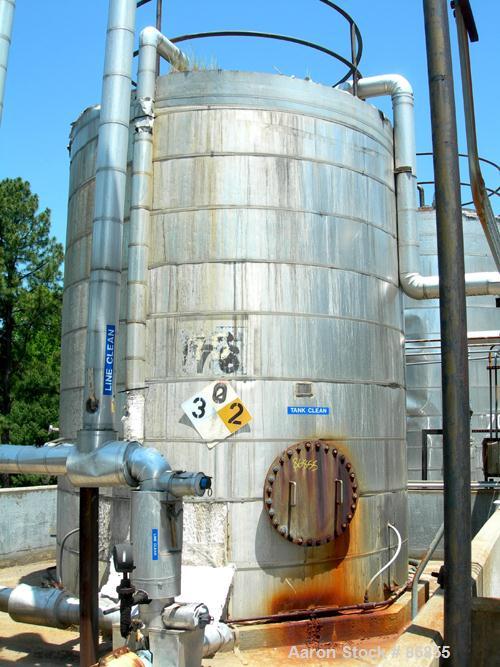 Used Wolfe Mechanical and Equipment Tank, 7,660 Gallon, 304L Stainless Steel, Vertical. Approximate 120" diameter x 156" straight side. Dish top, flat bottom. Openings: top (3) 3", 1-1/2"; side 3/4",...