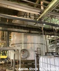 Used Approximate 8000 gallon Stainless Steel Tank With Centrifugal Pump, V-1108. Flat top with misc. top inlets. Cone bottom...