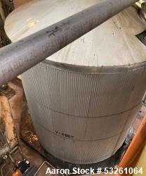 Used Approximate 8000 gallon Stainless Steel Mixing Tank With Centrifugal Pump, V-4506. Flat top with misc. top inlets. Cone...