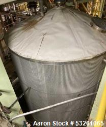 Used Approximate 8000 gallon Stainless Steel Mixing Tank With Centrifugal Pump, V-4505. Flat top with misc. top inlets. Cone...