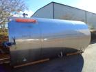 Used 6000 Gallon Stainless Steel Storage Tank. Approximately 94'' diameter, 16' straight wall, side manhole.  Inlets 3-1.5'' threaded 2-3''. Outlets 3'' bolt flange. Tank has large dent in top.
