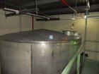 Used Saracco Tank & Mfg Approximately 10,000 Gallon Stainless Steel Storage Tank. Approximately 12' diameter x 12' straight side. Flat bottom and slight cone top. Various top openings including a 17