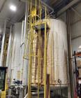 Used Approximate 8,680 gallon 316L Stainless Steel Agitated Tank With Goulds Centrifugal Pump. V-4508, P-4203.  Atmos. at 212 degrees F internal pressure. Top entering Agitator (HP unknown). Cone bot...