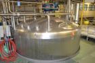 Used Crepaco 6,000 Gallon (Approximately) Vertical Stainless Steel Single Wall Tank. Dome top, dished bottom center. Bridge mounted agitator. 10 hp motor. Sweep agitator. Internal baffles. Spray ball...