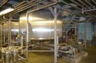 Used Crepaco 6,000 Gallon (Approximately) Vertical Stainless Steel Single Wall Tank. Dome top, dished bottom center. Bridge mounted agitator. 10 hp motor. Sweep agitator. Internal baffles. Spray ball...