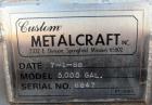 Used Custom Metalcraft Tank, 5000 Gallon, 304 Stainless Steel, Horizontal. Approximately 96” diameter x 144” straight side, dished heads.  Openings: top 3”, (2) 1-1/2”, 2”, heads 18” manway with cove...