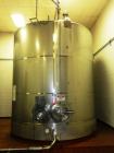 Used- 10,000 Gallon Vertical, Stainless Steel. Domed top, sloped bottom mixing tank with vent on top, bottom side manway. Bo...