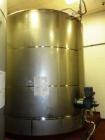 Used- 10,000 Gallon Vertical, Stainless Steel. Domed top, sloped bottom mixing tank with vent on top, bottom side manway. Bo...