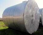 Used Krenz Approximately 8,500 Gallon Stainless Steel Storage Tank. Approximately 11' diameter x 12' straight side. Flat bottom and slight cone top. Various top openings including a 17