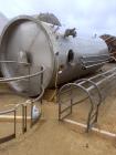 Used- Mueller 6000 Gallon Vertical Stainless Steel Jacketed Tank. Sanitary polished, interior, 7'4