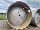 Used Paul Mueller 15,000-gallon stainless steel storage tank with dish top/bottom, 12' diameter, 3 PSI rating, and sanitary construction. Skirt-mounted. Previously used in a brewery. Ideal for food, beverage, and industrial liquid storage.