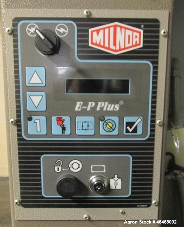 Used Milnor washer-extractor, model 42032 X7J, 170 lb capacity, 24"opening,  42" diameter x 32" deep chamber, 25.7 cu ft cylinder volume, rated for 709 maximum RPM (during extraction), 15 hp motor, 4...