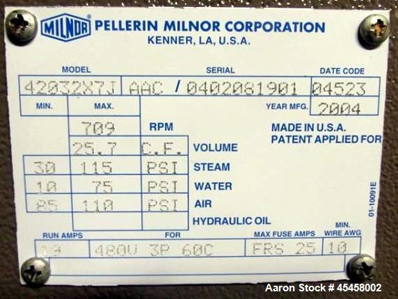 Used Milnor washer-extractor, model 42032 X7J, 170 lb capacity, 24"opening,  42" diameter x 32" deep chamber, 25.7 cu ft cylinder volume, rated for 709 maximum RPM (during extraction), 15 hp motor, 4...