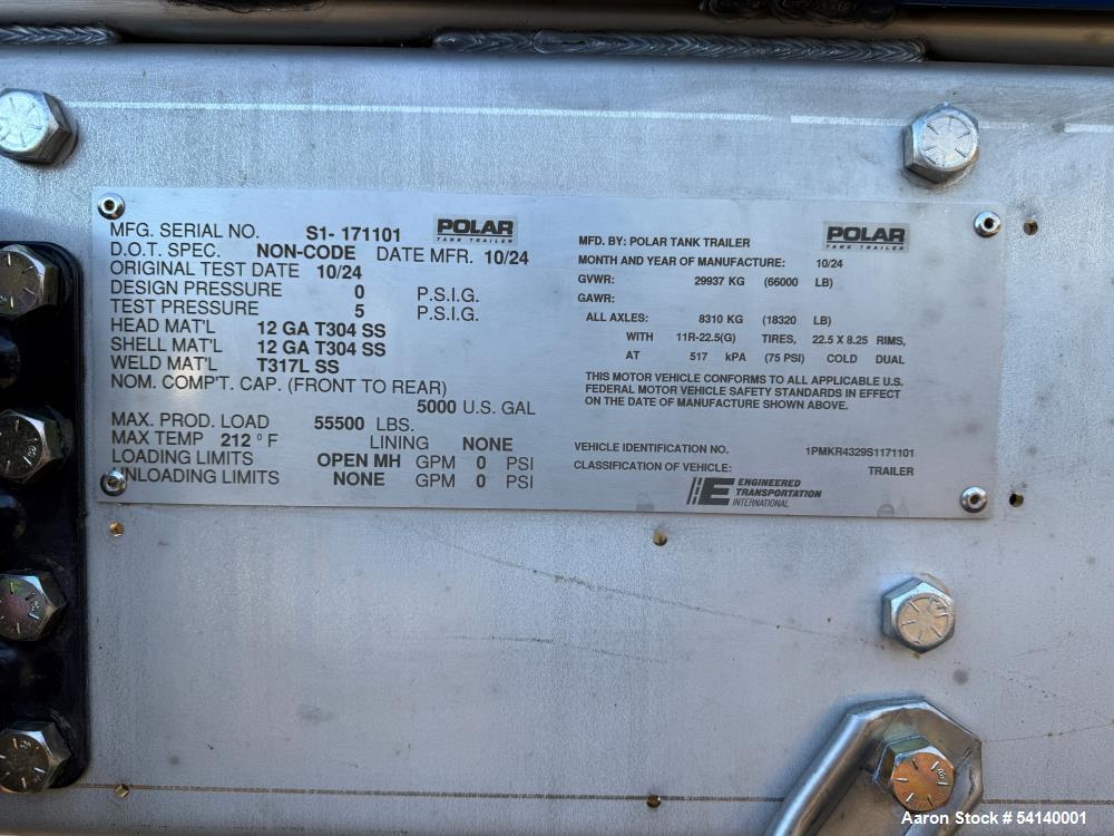 Unused Polar Stainless Steel Horizontal Trailerized Tank – Model SRJ9 5000-1