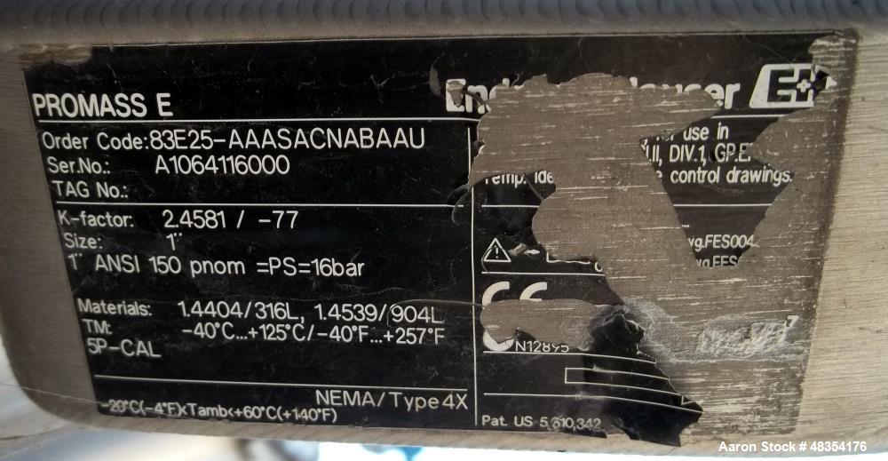 Used Endress+Hauser Promass E Flow Meter, Order Code# 83E25-AAASACNABAAU, Serial# A1064116000.