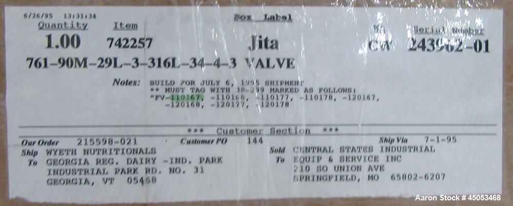 Unused Alfa Laval Tri-Clover 3" 316L Stainless Y Body Shut-Off Valves