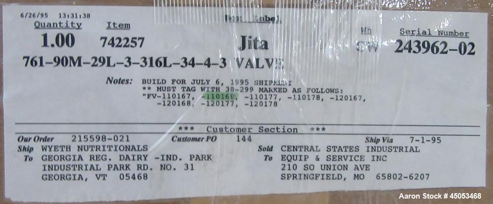 Unused Alfa Laval Tri-Clover 3" 316L Stainless Y Body Shut-Off Valves