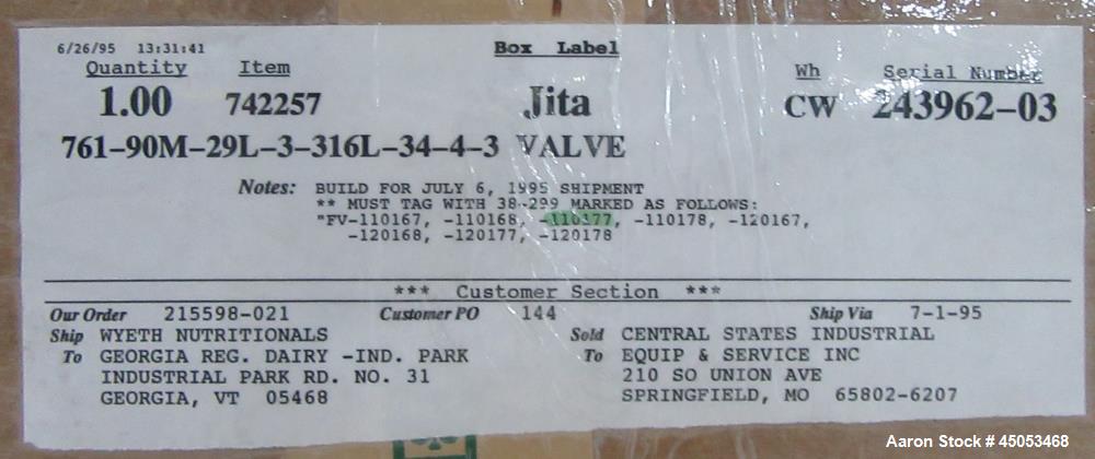 Unused Alfa Laval Tri-Clover 3" 316L Stainless Y Body Shut-Off Valves