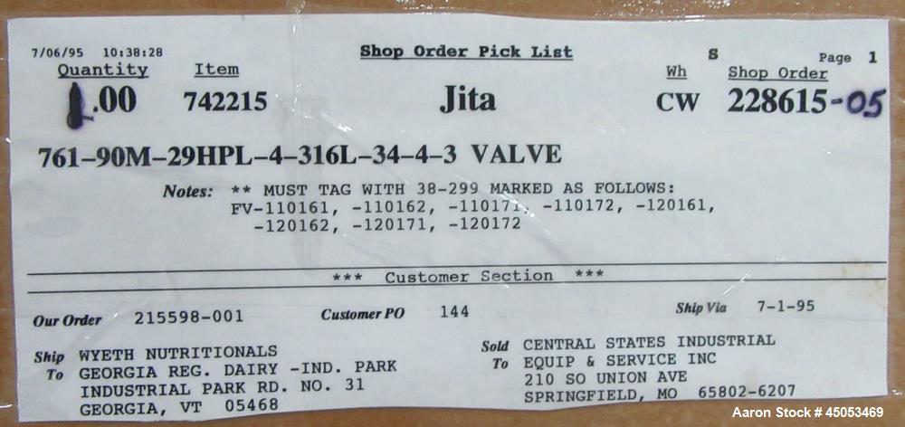Lot of 4 New in Box Tri-Clover 4" Sanitary Y Body Shut-Off Valves