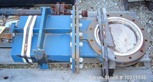 Used Fabri Valve Company 12" Knife Gate Valve, Size 12.Cold working pressure 150 psi.Complete with air cylinder and solenoid valve.Overall length is 75".