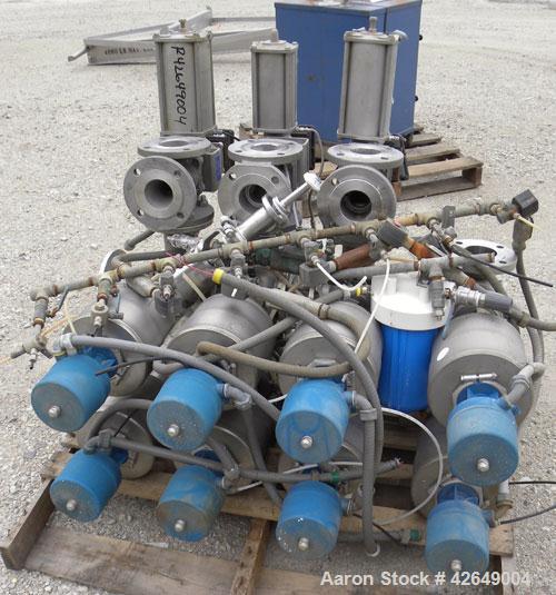Used Sanitary 3'' Valve Banks, Stainless Steel. (1) Bank with (3) Keystone Morin 316 stainless steel actuators, and (8) Tuchenhagen valves, (1) Bank with (4) GEA type DE-OD3''-SZ valves, and (2) GEA ...