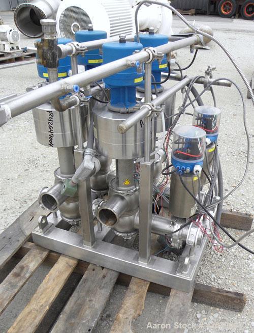 Used Sanitary 3'' Valve Banks, Stainless Steel. (1) Bank with (3) Keystone Morin 316 stainless steel actuators, and (8) Tuchenhagen valves, (1) Bank with (4) GEA type DE-OD3''-SZ valves, and (2) GEA ...