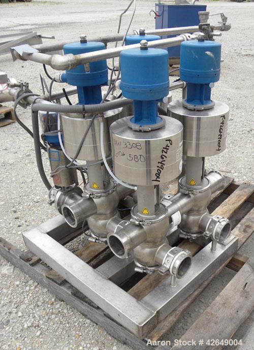Used Sanitary 3'' Valve Banks, Stainless Steel. (1) Bank with (3) Keystone Morin 316 stainless steel actuators, and (8) Tuchenhagen valves, (1) Bank with (4) GEA type DE-OD3''-SZ valves, and (2) GEA ...