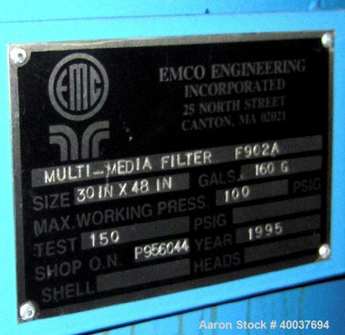 Used- EMCO Engineering Inc. Multi-Media Filter. (2) size 30 x 48, 160 gallon tanks, rated 100 psi. S/N # 902A, and 902B. Sho...