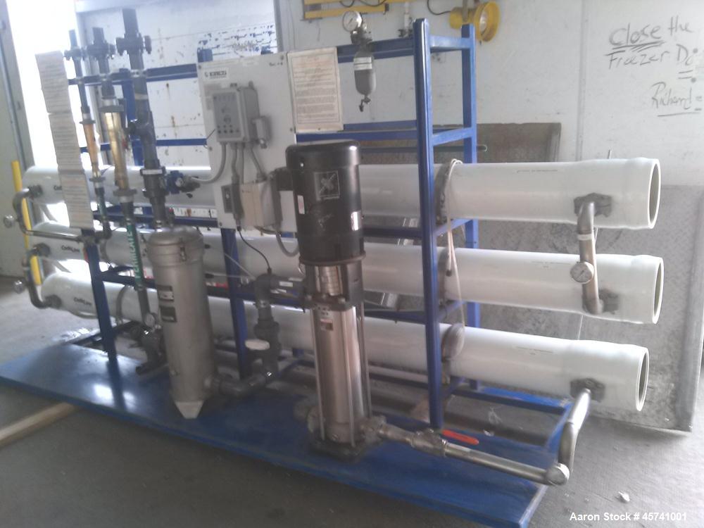 Used Ionic Ahlfinger Water Company Reverse Osmosis System. Baldor 15 hp electric motor, 480 volts, 3 phase mounted on Grundfos CR8 15 hp pump. Filterite model number 9100715-000 type 12 FM, (3) Code ...