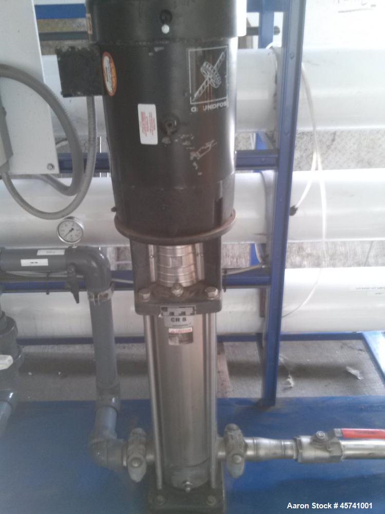 Used Ionic Ahlfinger Water Company Reverse Osmosis System. Baldor 15 hp electric motor, 480 volts, 3 phase mounted on Grundfos CR8 15 hp pump. Filterite model number 9100715-000 type 12 FM, (3) Code ...