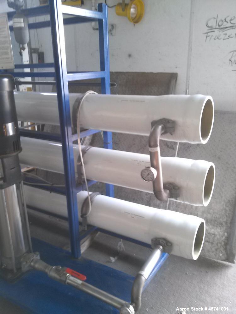 Used Ionic Ahlfinger Water Company Reverse Osmosis System. Baldor 15 hp electric motor, 480 volts, 3 phase mounted on Grundfos CR8 15 hp pump. Filterite model number 9100715-000 type 12 FM, (3) Code ...