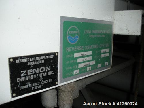 Used Zenon Environmental Inc Reverse Osmosis System. 250 psi operating pressure at 35 deg C, perm rate 240 USGPM, 11 tubes are 9" diameter and 12'6" in length, 120V, 15A, 1 phase, 60 Hz. System has 1...