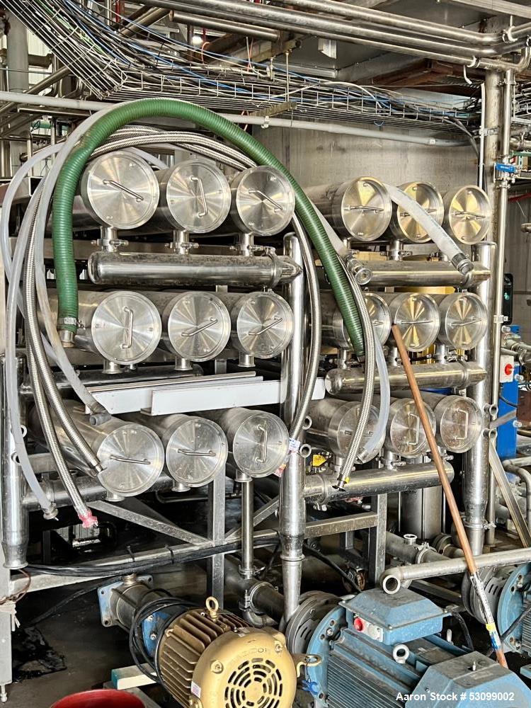 Unused- Reverse Osmosis Filtration System. 9500 liter/hour capacity. 2205 square meters total membrane area. System consisting of: (18) filters; 316 SS CIP tank; (2) 3500 RPM CIP pumps; Goulds booste...