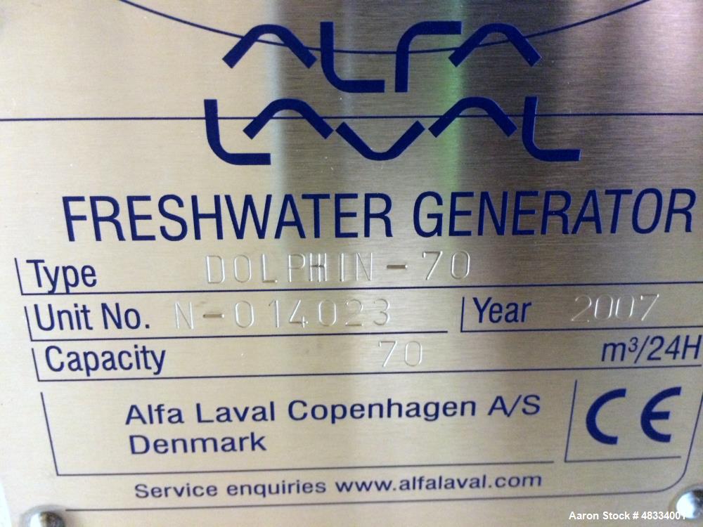Used Unused Alfa Laval Freshwater Generator, Model Dolphin 70. Two-Stage vacuum evaporation. Capacity 70 cubic meters/day. 2.0ppm max. Salinity. Includes to following: two stage evaporator sections, ...