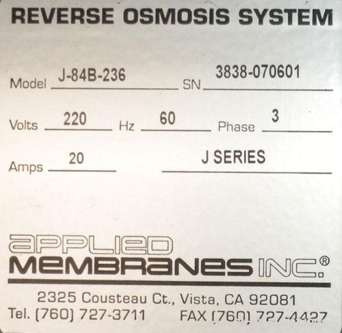 Used Applied Membranes Inc Reverse Osmosis System, model J-84B-236, 316 stainless steel. Designed to produce low dissolved solids water from tap or well water. Designed operating conditions: Permeate...