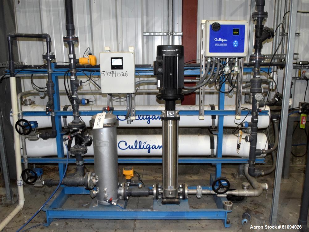 Used Culligan G Series Dual Membrane Reverse Osmosis System. Consisting of: (2) Culligan Model C-300P-8 membrane pressure vessels, (1) Grundfos vertical pump, (1) cartridge filter housing, (1) XP con...