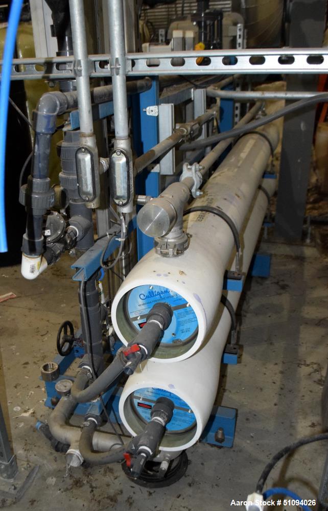 Used Culligan G Series Dual Membrane Reverse Osmosis System. Consisting of: (2) Culligan Model C-300P-8 membrane pressure vessels, (1) Grundfos vertical pump, (1) cartridge filter housing, (1) XP con...
