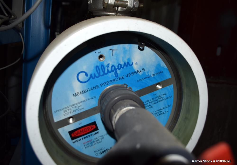 Used Culligan G Series Dual Membrane Reverse Osmosis System. Consisting of: (2) Culligan Model C-300P-8 membrane pressure vessels, (1) Grundfos vertical pump, (1) cartridge filter housing, (1) XP con...